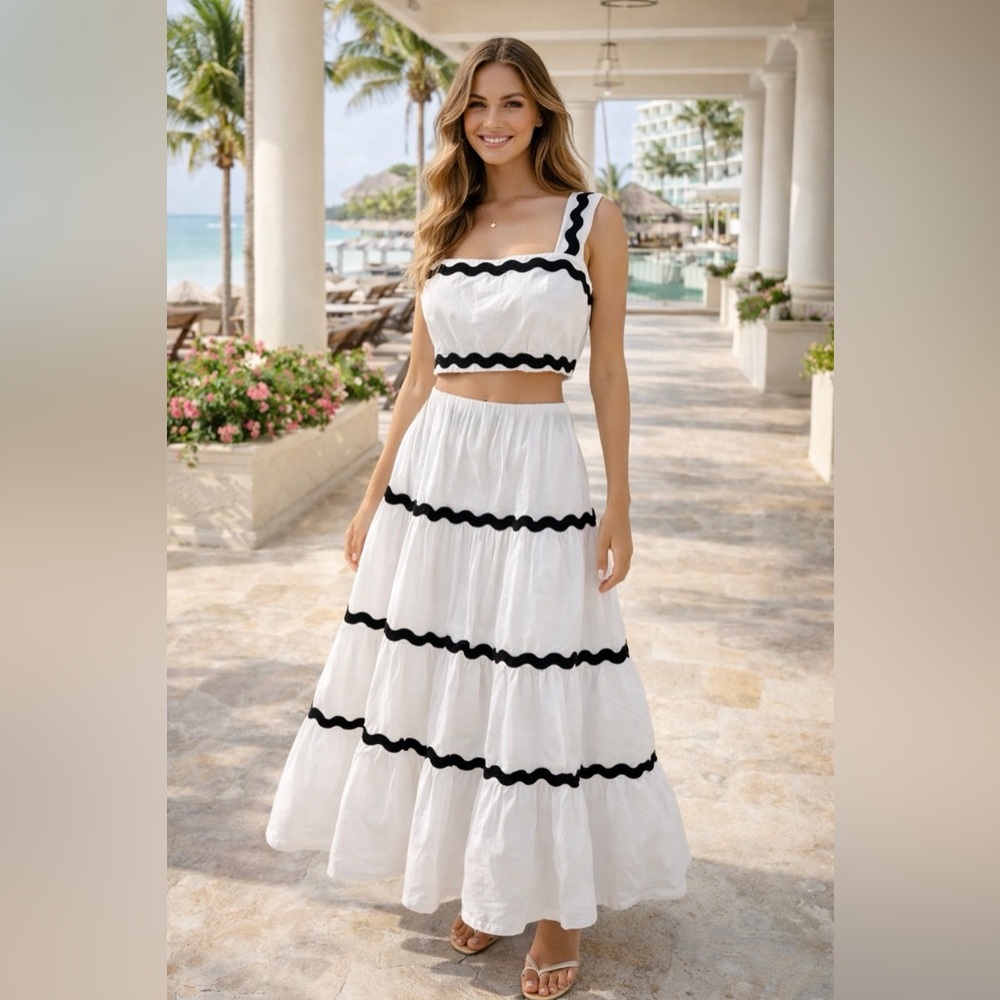 White Crop Top with Black Trim Skirt Set. Size L.